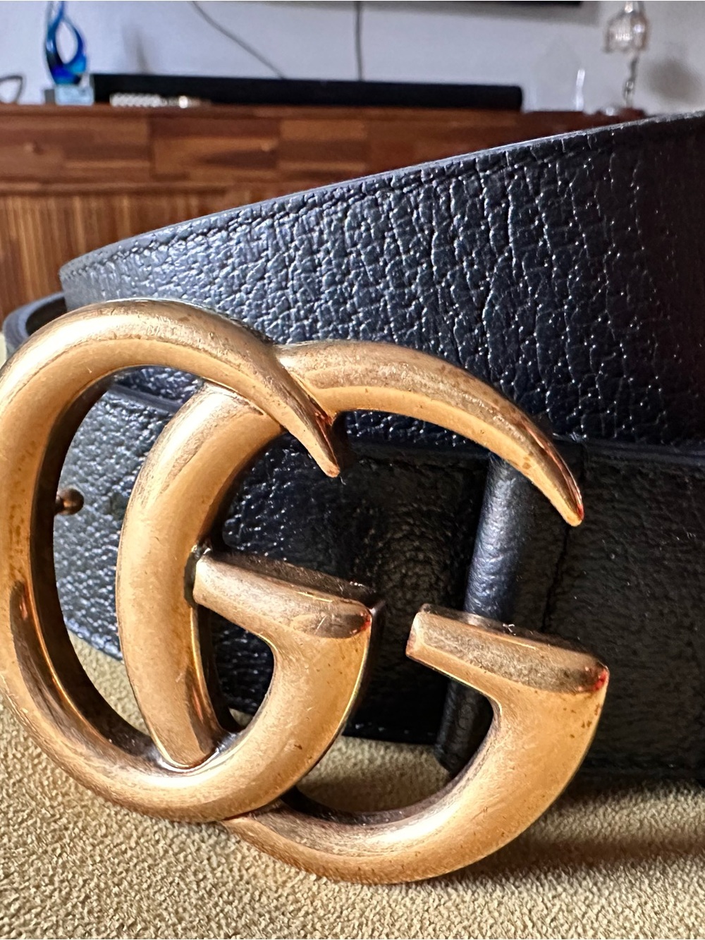 Gucci Black Leather Belt with Gold Double G Buckle